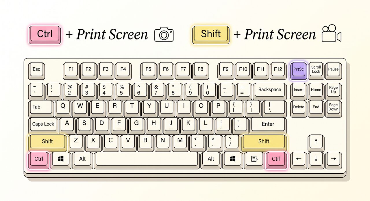 キーボード図解: Ctrl+Print Screenでスクリーンショット、Shift+Print Screenで画面録画